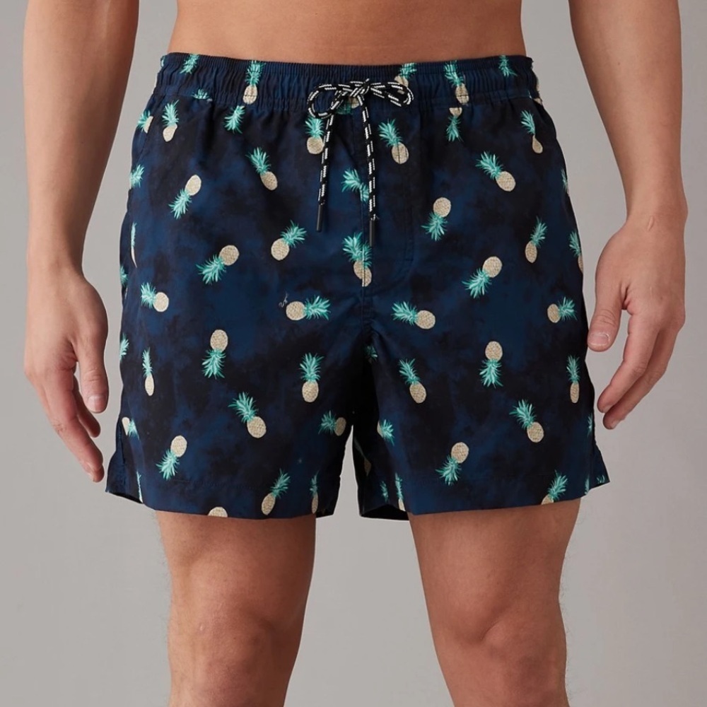 NWT American Eagle Tropical Print Pineapple Swim Shorts XL 5.5” Blue Brand New